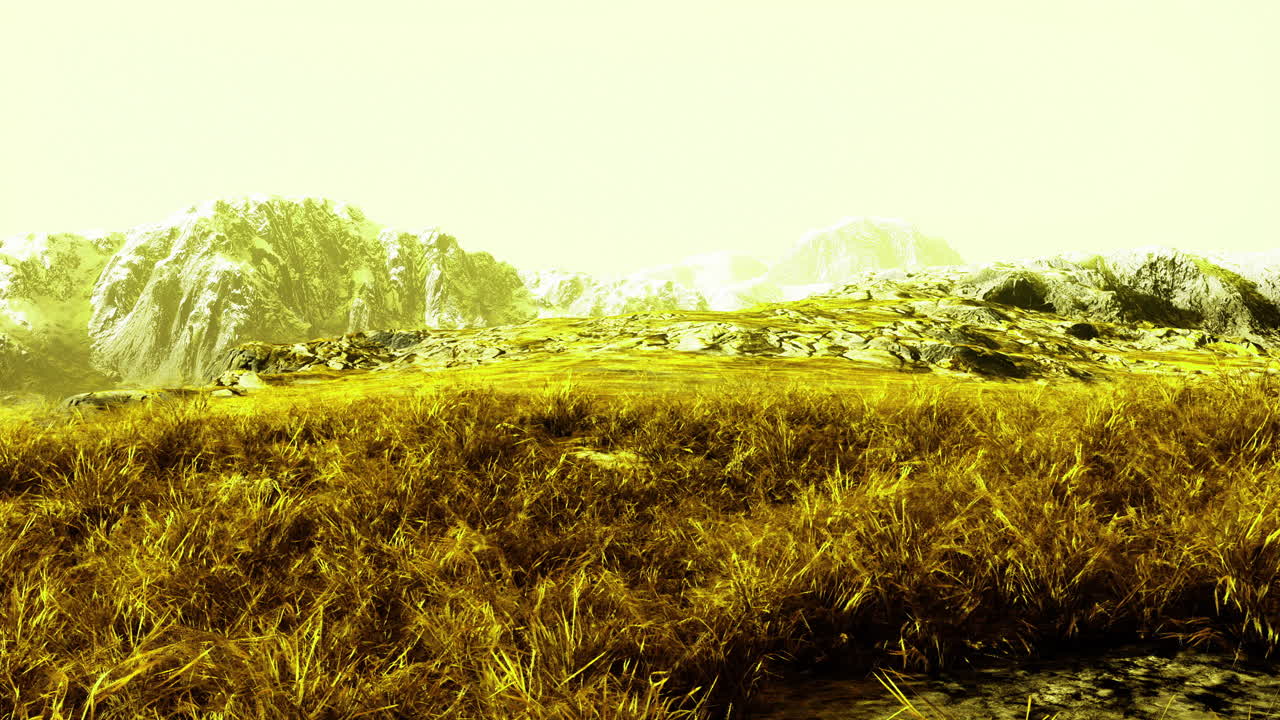 Mountain landscape with yellow haze showcasing dramatic terrain and vegetation