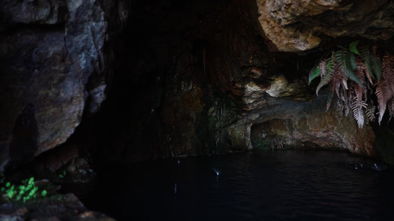 Acqua piovana che gocciola in una pozza scura e immobile all'interno di una grotta nella Sierra de Penjamo, Guanajuato