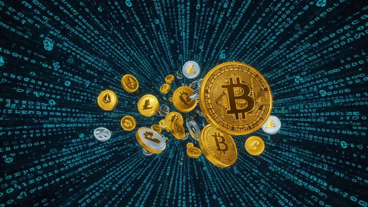 Exploring the Digital Currency Sphere: A Dynamic Showcase of Cryptocurrency Tokens Amidst a Flow of Binary Code Representing Blockchain Technology