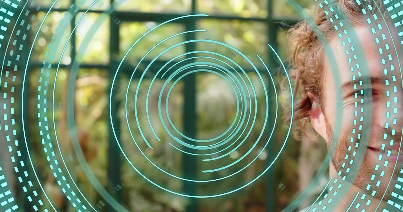 Animated tech HUD rings initiating facial mapping on mid-adult man in greenhouse