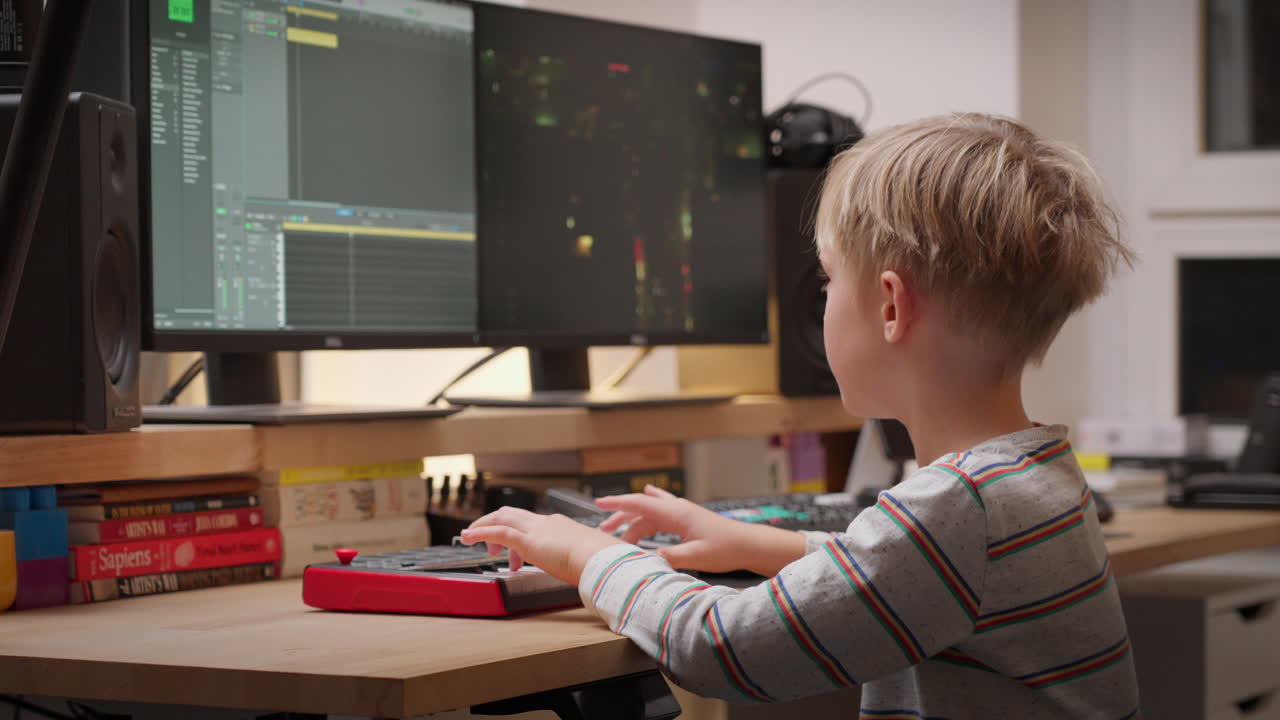A young boy sits at a desk in a home studio, using a keyboard and dual monitors to create music