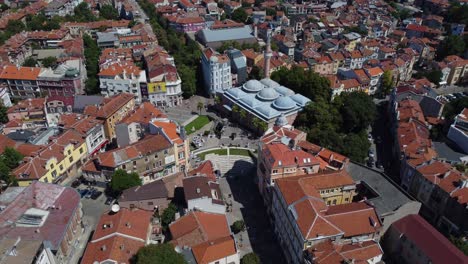 aerial view of plovdiv city centre and ancient stadium of philippopolis, bulgaria