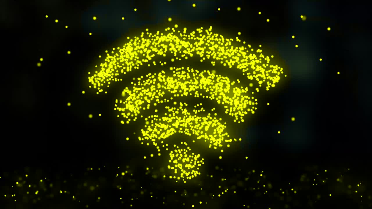 animación de la red de plexo desde el símbolo wifi en un fondo colorido con el flujo de partículas de plexos. signo wi-fi. bucle sin costuras