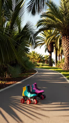 colorful roller skates in a tropical park