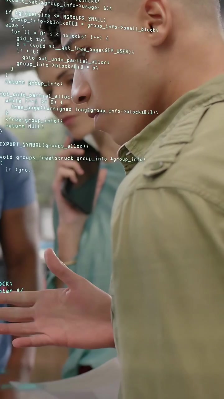 Vertical video: Woman gesturing, code overlay appearing, devs checking phone, paper for tech review