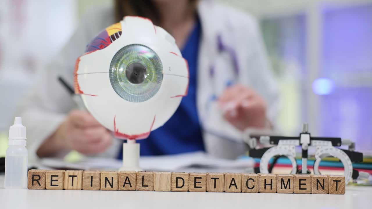 Wooden cubes arranged on table form phrase retinal detachment