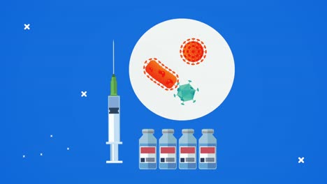 covid19 virus particles with vaccine and vials