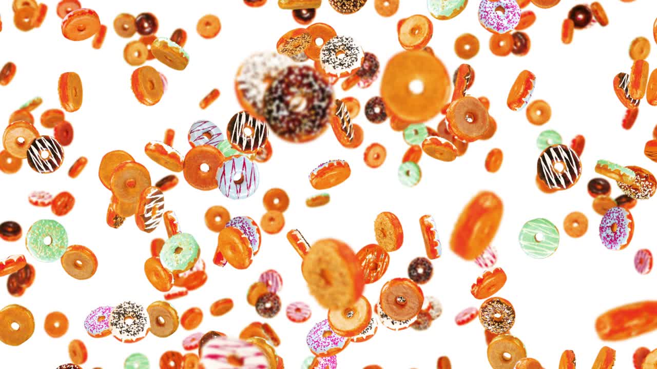 색 배경에 많은 다채로운 도을 날아. 도 케이크, 과자, 디저트. 도 회전의 3d 애니메이션. 루프 애니메이션.