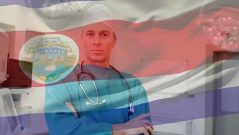 Animation-of-flag-of-costa-rica-waving-over-surgeon-in-operating-theatre