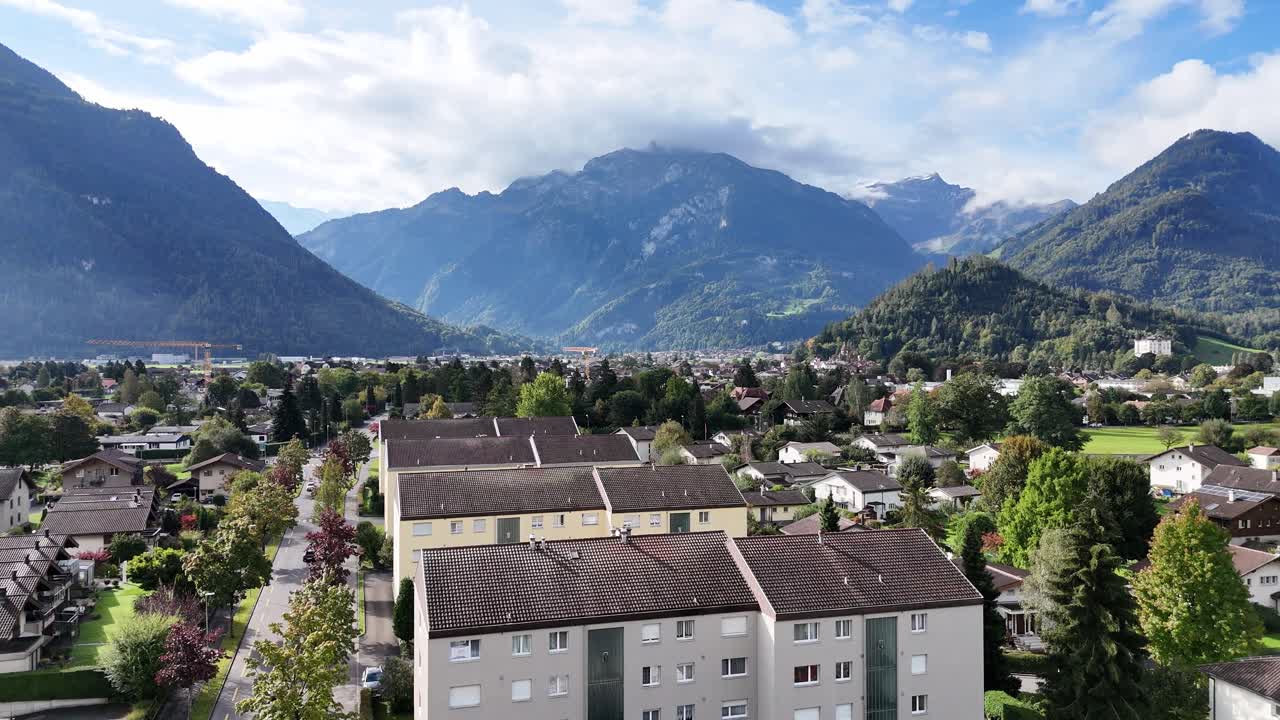 Interlaken, Switzerland panorama with sun rays from the heavens