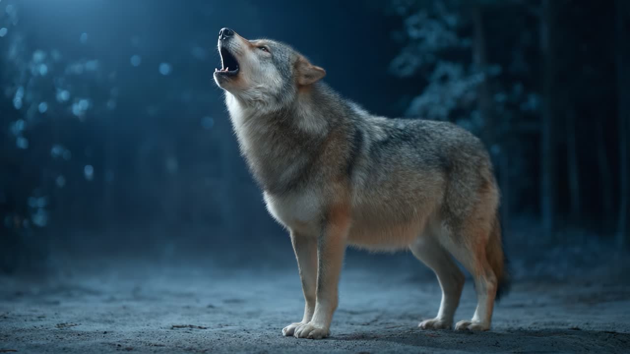 A Majestic Wolf Howling Under the Moonlight, Captured in a Mysterious Forest Setting that Exudes the Essence of Wild Nature and Instinctive Behavior