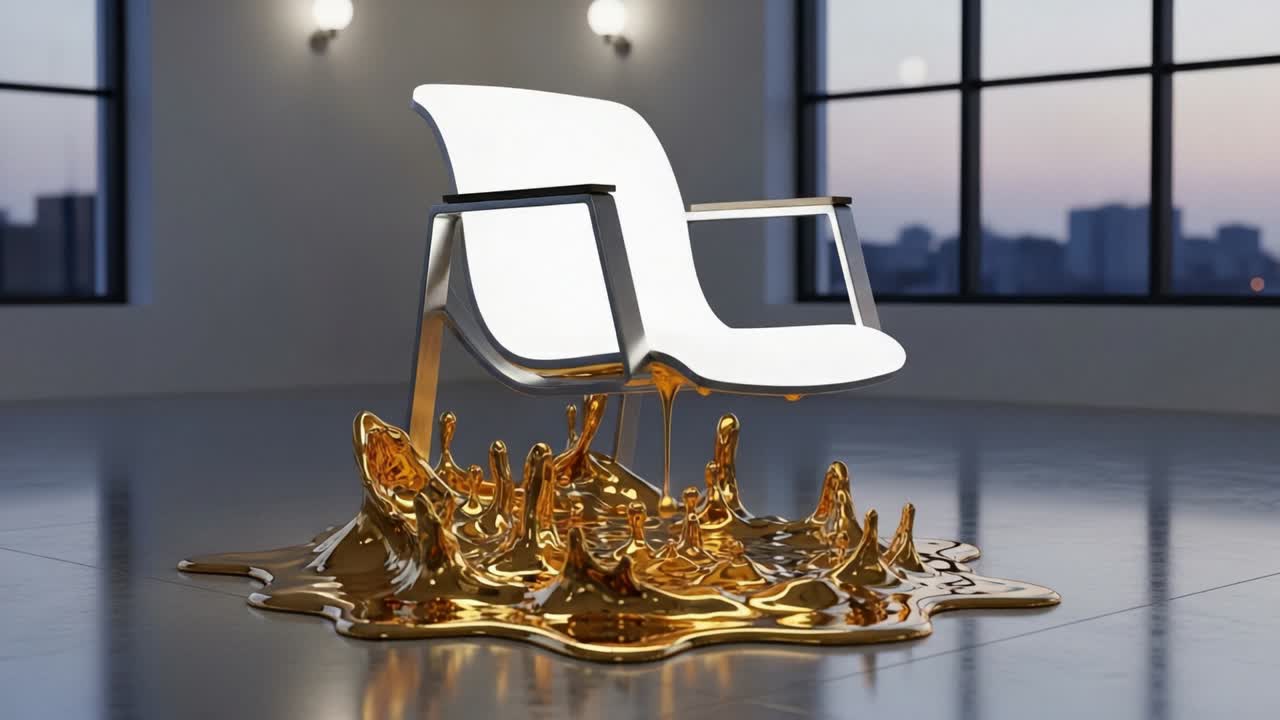 A striking modern chair surrounded by a visually captivating pool of liquid gold, blending contemporary design with an artistic touch in a sophisticated interior space