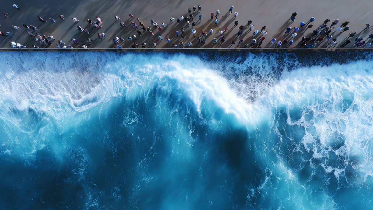 Aerial view of waves crashing on a shoreline with people