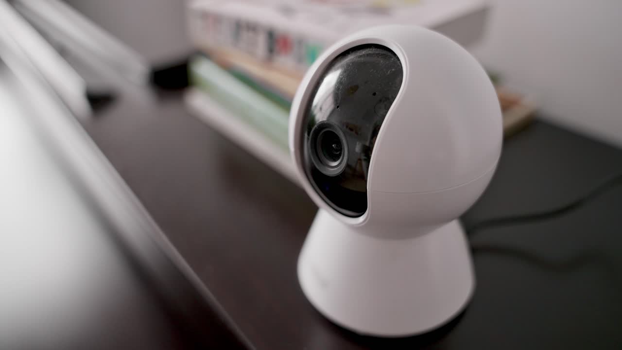 Security camera with sleek white housing and black lens dome, indoor wireless surveillance, home monitoring, property protection, smart home automation, and advanced safety systems, privacy security
