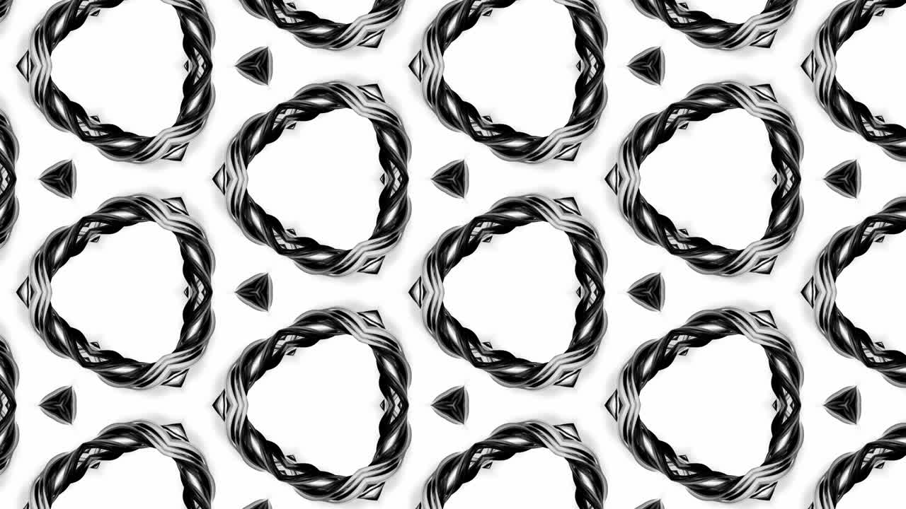 animación en bucle sin costuras de 4k de patrón en blanco y negro con cintas son retorcidas y forman estructuras circulares complejas como patrón de adorno simétrico o caleidoscópico