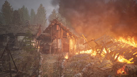 burning wooden house in old village