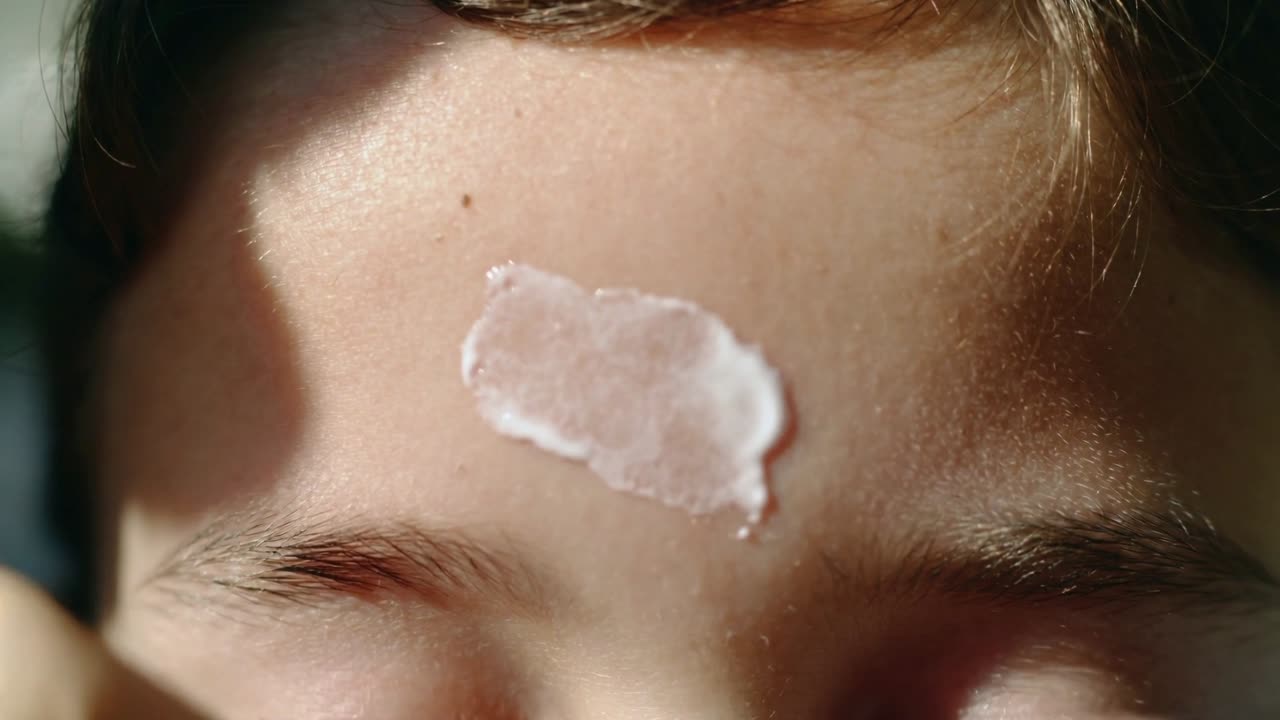Applying white dab with finger onto forehead outside, hand pressing and rubbing cream for sun care