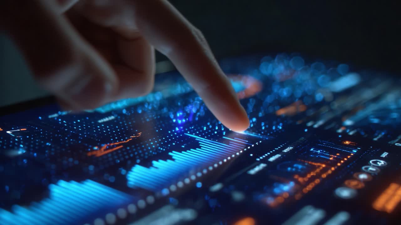 A Close-Up View of a Touchscreen Interface Displaying Detailed Data Visualizations with Interactive Elements and Vibrant Blue and Orange Color Schemes