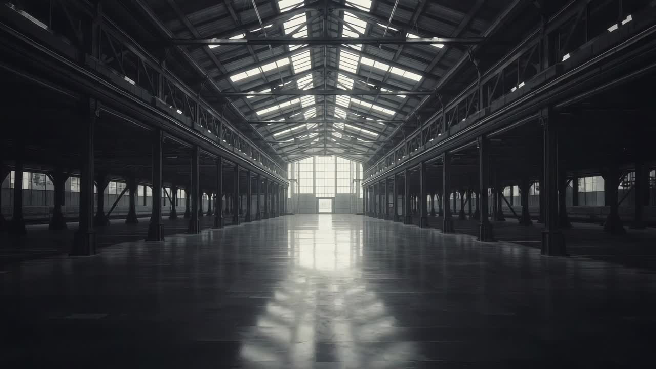 Camera capturing empty industrial hall, with iron columns skylights reflecting on polished floor