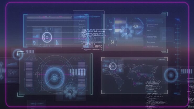 Animation of data processing on moving screens over blue background