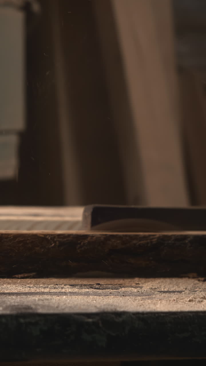 Mani in primo piano su tavola di legno, luce fioca dell'officina, segatura sparsa sul banco da lavoro, artigiano che allinea l'asse. Media