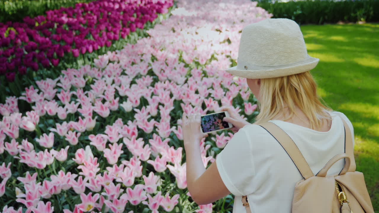 mujer tomando fotos tulipanes rosas