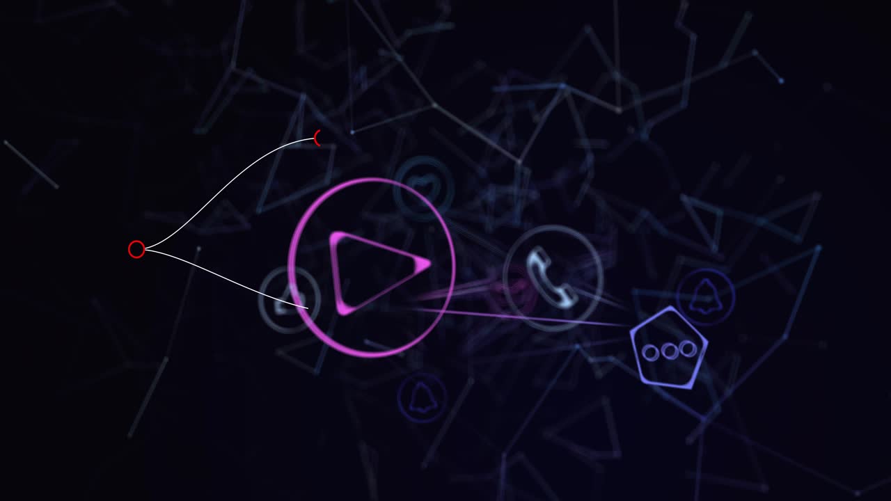 Red node appearing upper-left starting branching strands, cluster linking icons showing network