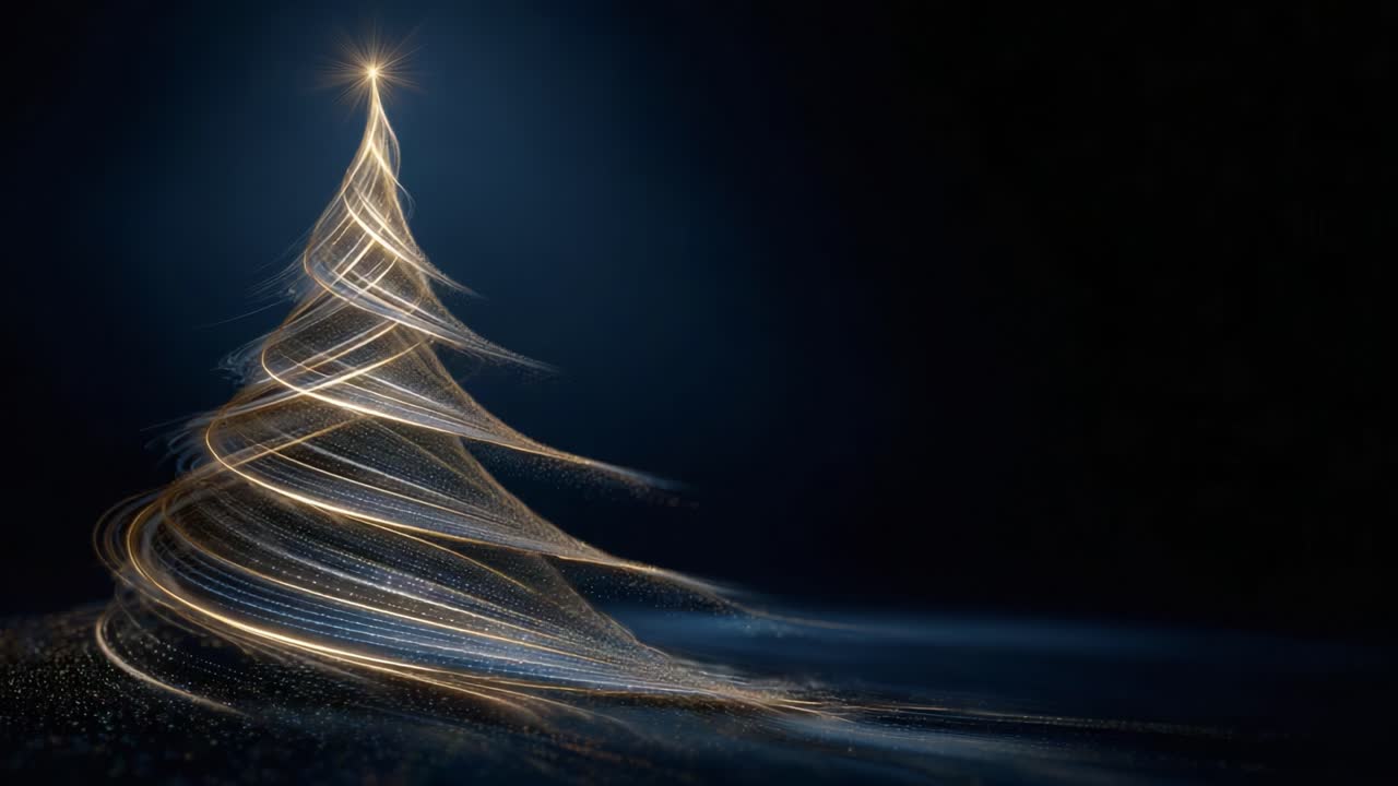 A Stunning Display of Light: A Sparkling Christmas Tree Made of Glowing Threads Captivates the Eye with Its Magical Whirl and Dazzling Ornamentation Against a Dark Background