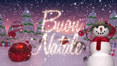 buon natale text and snow falling over winter landscape