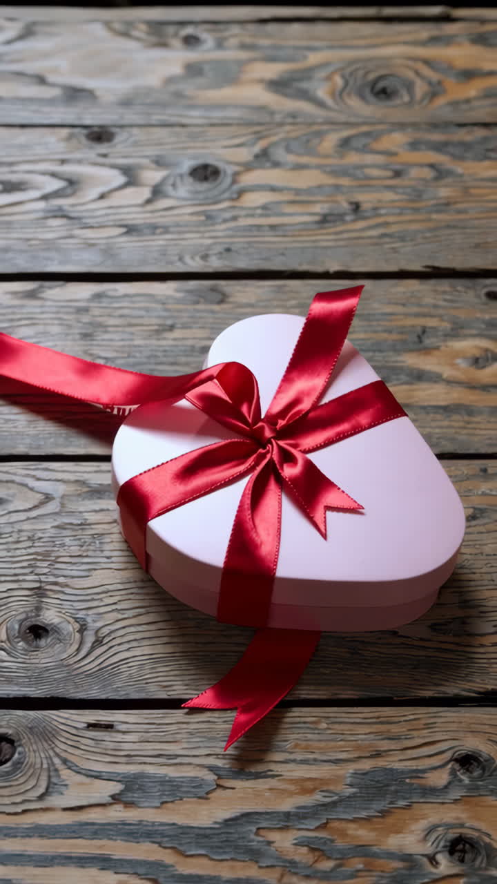 Heart-shaped gift box with red ribbon on wooden table