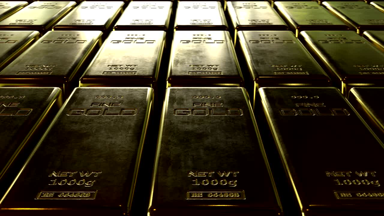 """아름다운 황금 금자루, 상상할 수 없는 부, 황금 막대기의 아름다운 루프 3d 애니메이션, 은행과 부의 개념"""