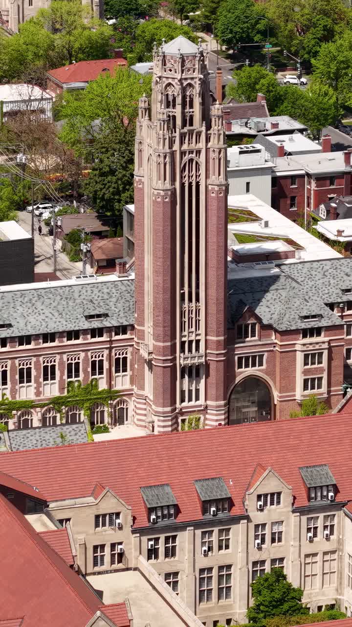 Vertical Drone Shot, University of Chicago and Saieh Hall for Economics Building and Tower, Illinois USA