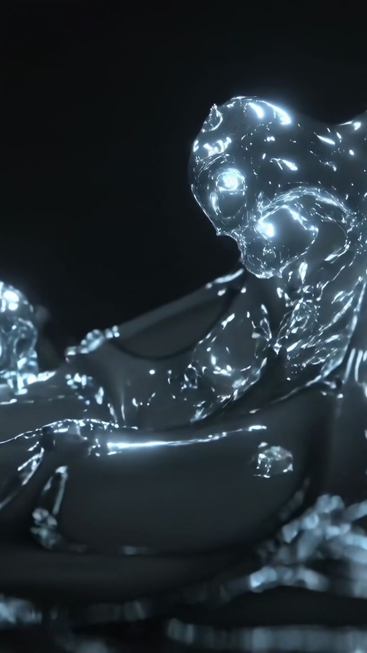 Vertical video: Pulling viscous fluid via surface tension into arching pod on dark studio, droplet