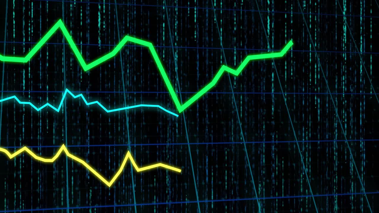 Svelamento del bordo sinistro con l'invio di tre linee al neon che emergono, raggiungono il picco e fluttuano per visualizzare le tendenze del mercato