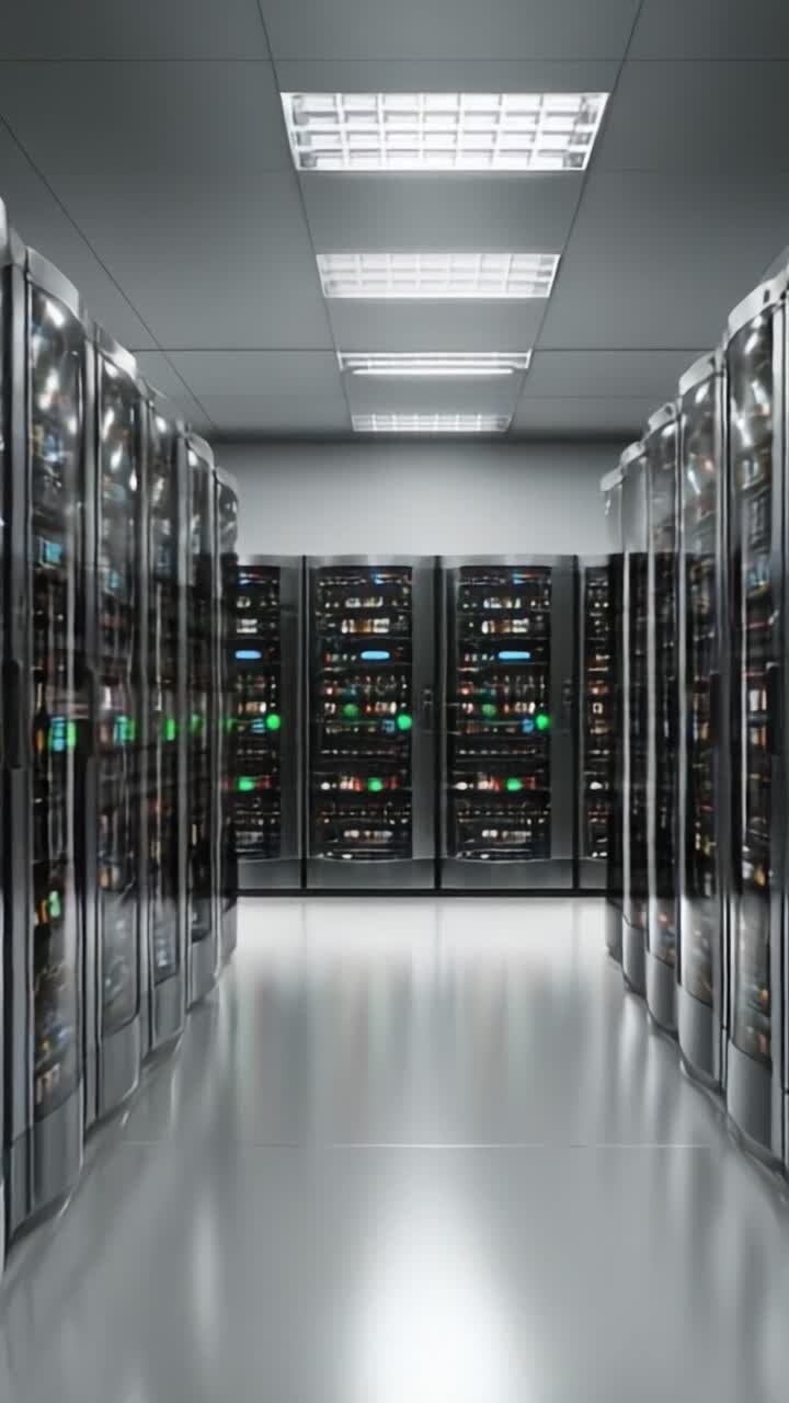 A Modern Data Center with Rows of High-Tech Server Racks Illuminated by Fluorescent Ceiling Lights, Showcasing Advanced Technology Infrastructure
