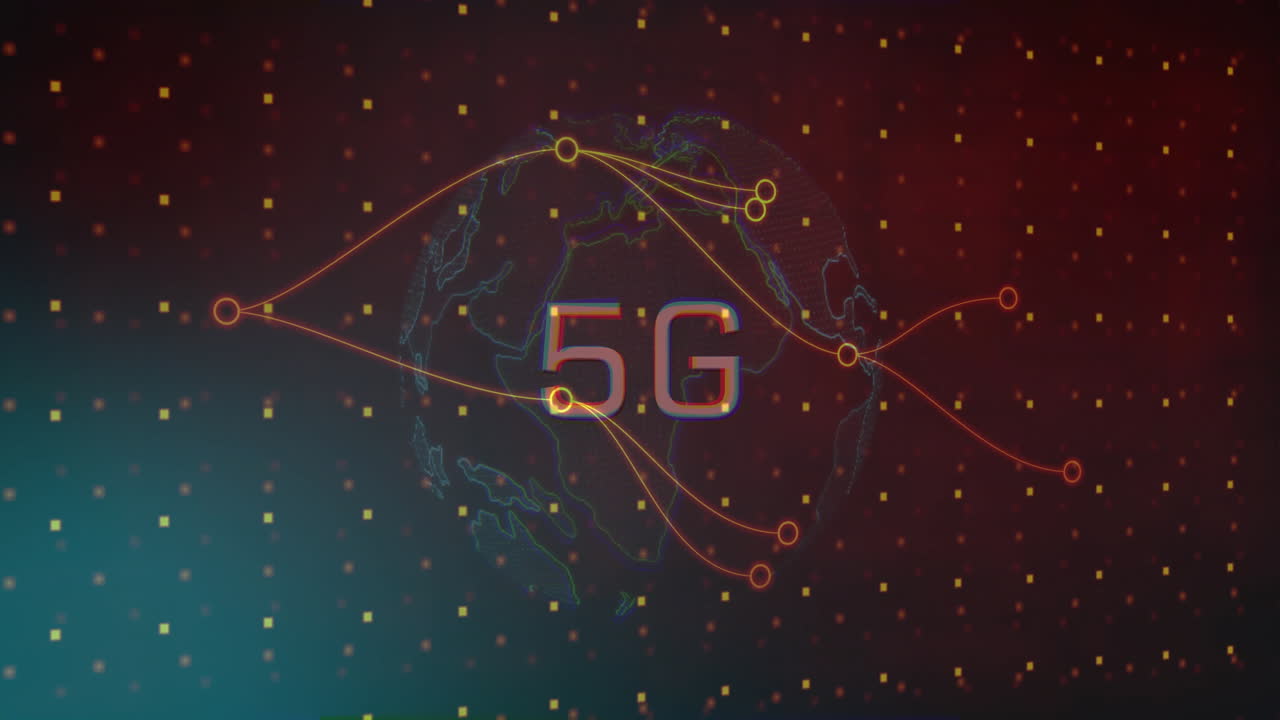 Glitch-effect 5G text floating over transparent globe, glowing nodes connecting continents