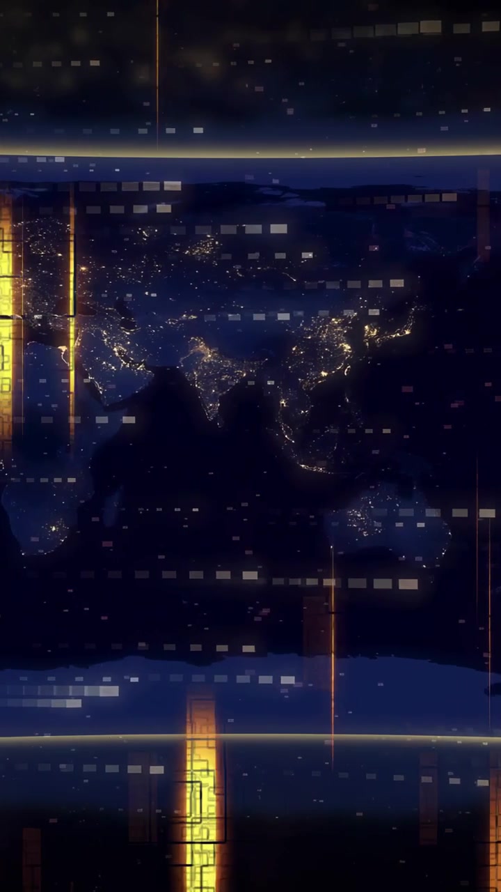 Video verticale: Mappa del mondo che mostra un pilastro dorato che appare e pulsa, una griglia che scorre sui dati della mappa