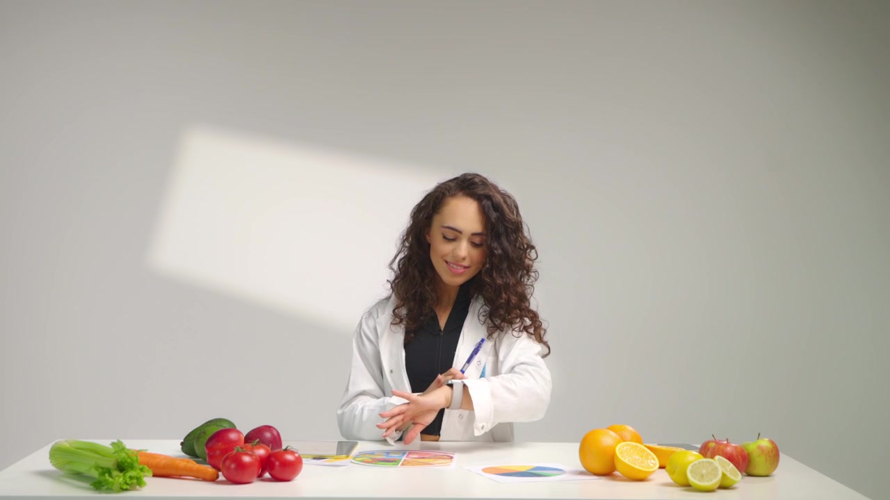 Dietologa alla scrivania che esamina tabelle nutrizionali colorate con la penna in mano, dando un'occhiata all'orologio da polso prima di continuare l'analisi. Frutta e verdura fresca intorno, concetto di pianificazione dietetica strutturata.