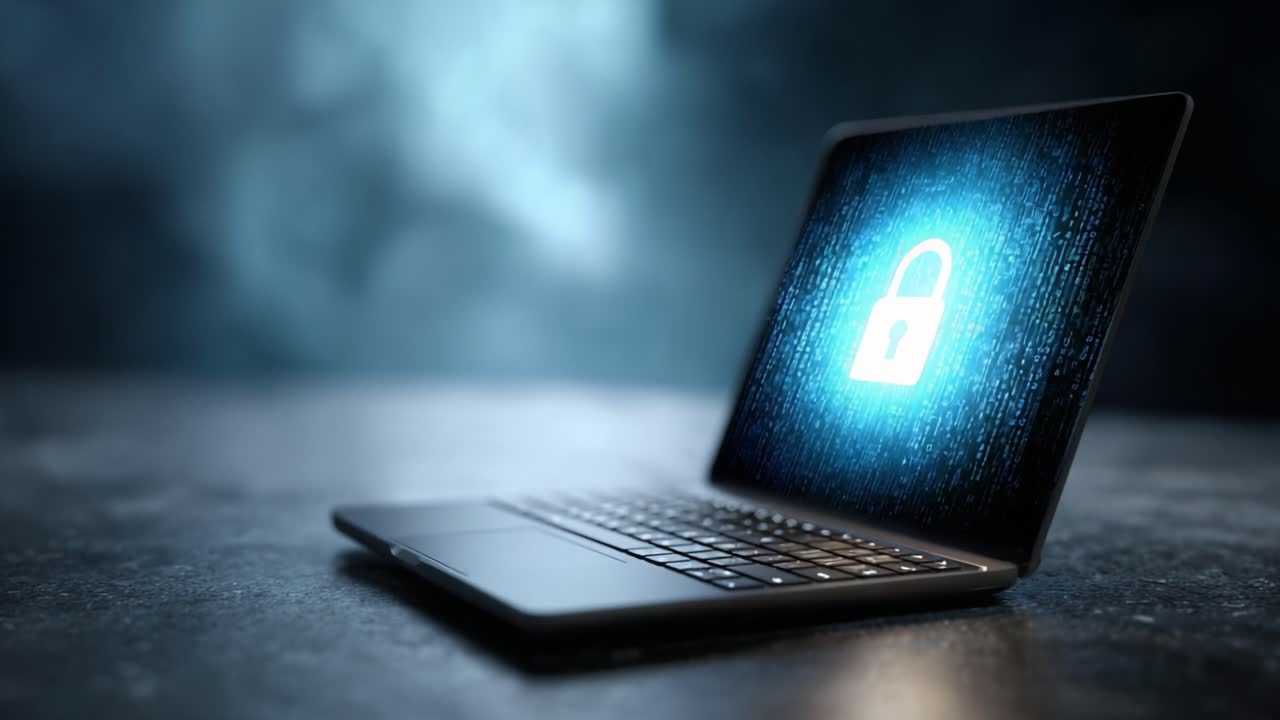 A Digital Fortress: Exploring Cybersecurity Through Locked Laptop Screens and Data Encryption Visuals in a Modern Tech Environment