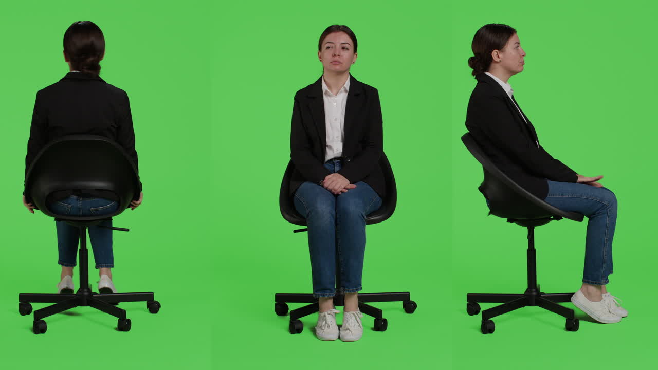 Businesswoman Sitting on Chair in Front of Green Screen