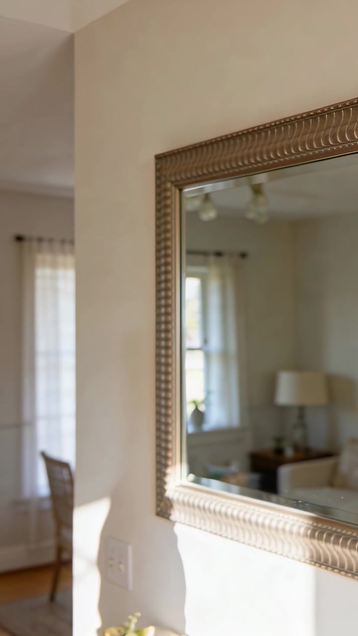 Video verticale: Telecamera in panoramica che mostra uno specchio sulla parete destra di casa per mostrare la vista di lampada e divano, con spazio per il testo.