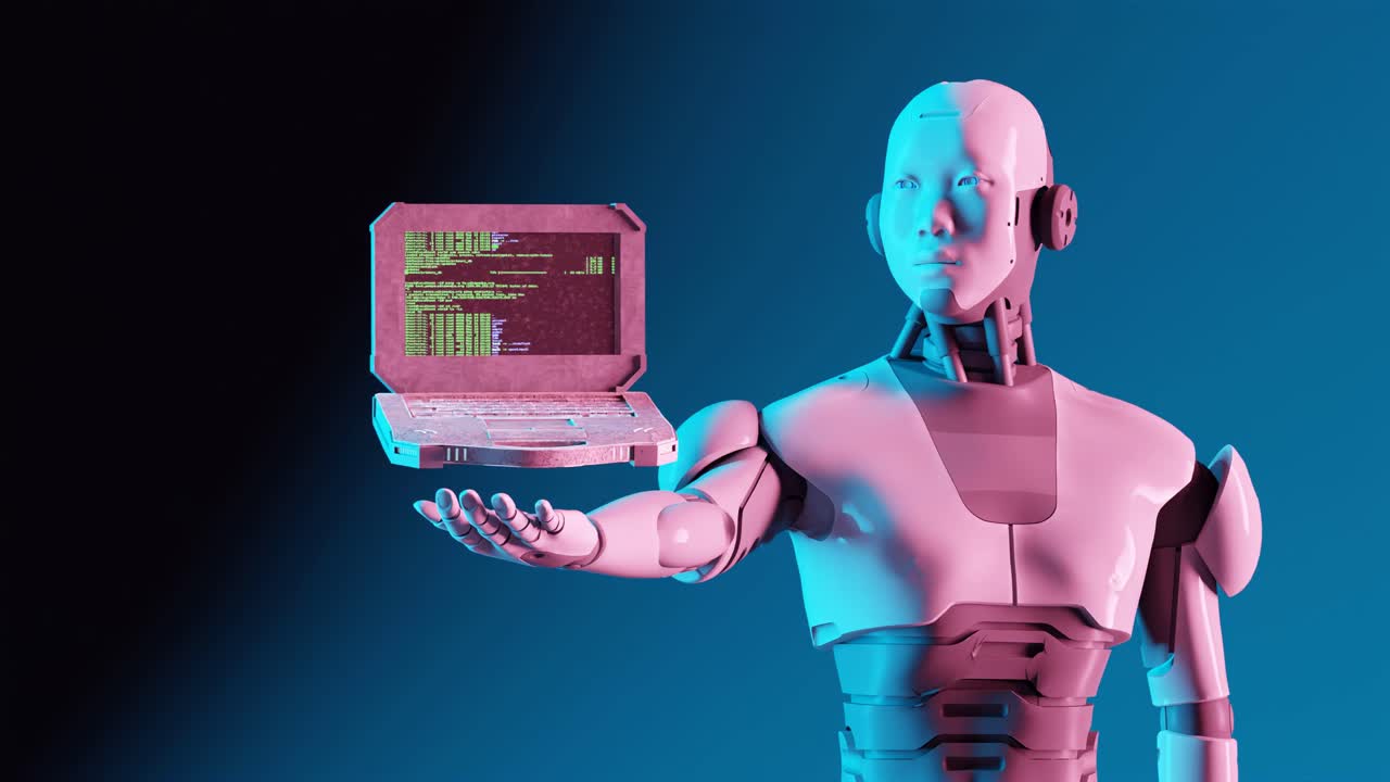 humanoid cyber robot holding a small laptop for coding on his hand for solve algorithms and coding engineering