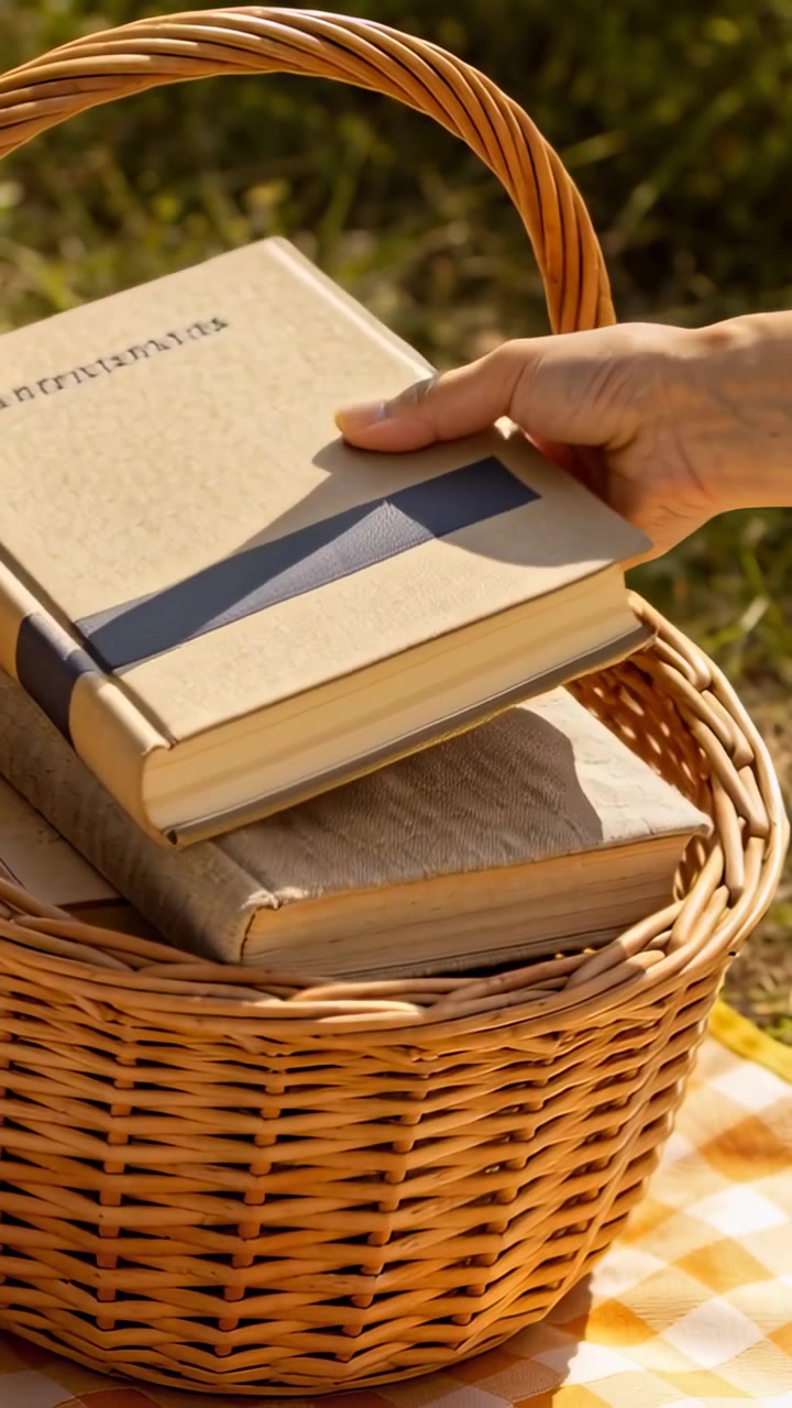 Video verticale: Una mano che entra e sistema libri in un cesto di vimini su una coperta a quadri gialla per picnic