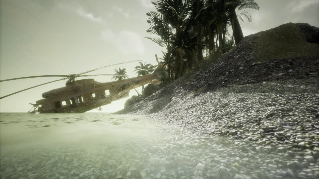 Helicopter perched on a remote beach under a cloudy sky at dawn