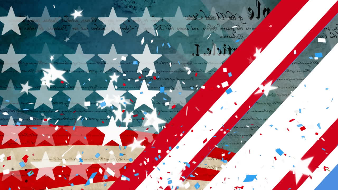 헌법 텍스트 위에 있는 미국 국기의 애니메이션