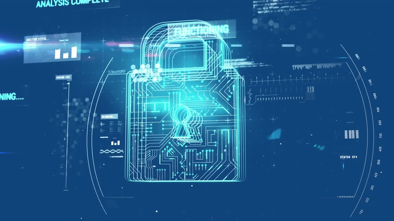 Animation of circuit board pattern in padlock, computer language, dna helix over blue background