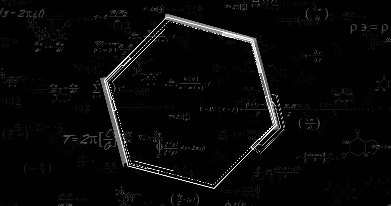 Derivata scritta a mano che genera linee bianche disegnate, poligono che si forma e ruota, visualizzando la matematica.