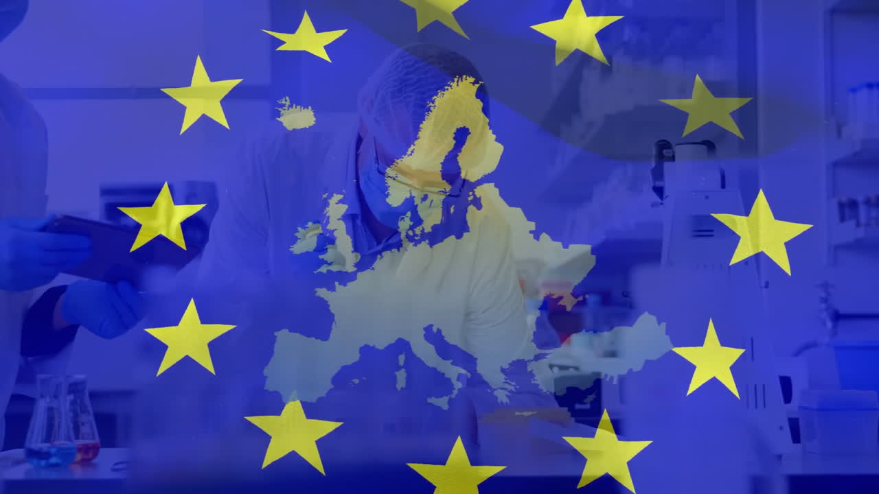 In laboratory, scientist working with animation of European Union flag and map