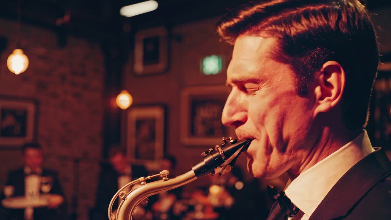 Video ravvicinato di un sassofonista in un jazz club poco illuminato, che cattura l'atmosfera con un'angolazione laterale.