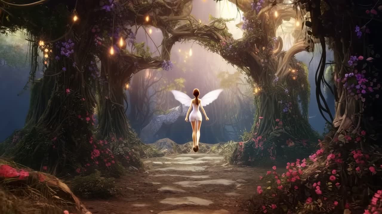 A magical forest path with vibrant flowers and glowing lights, captured from a low angle, perfect